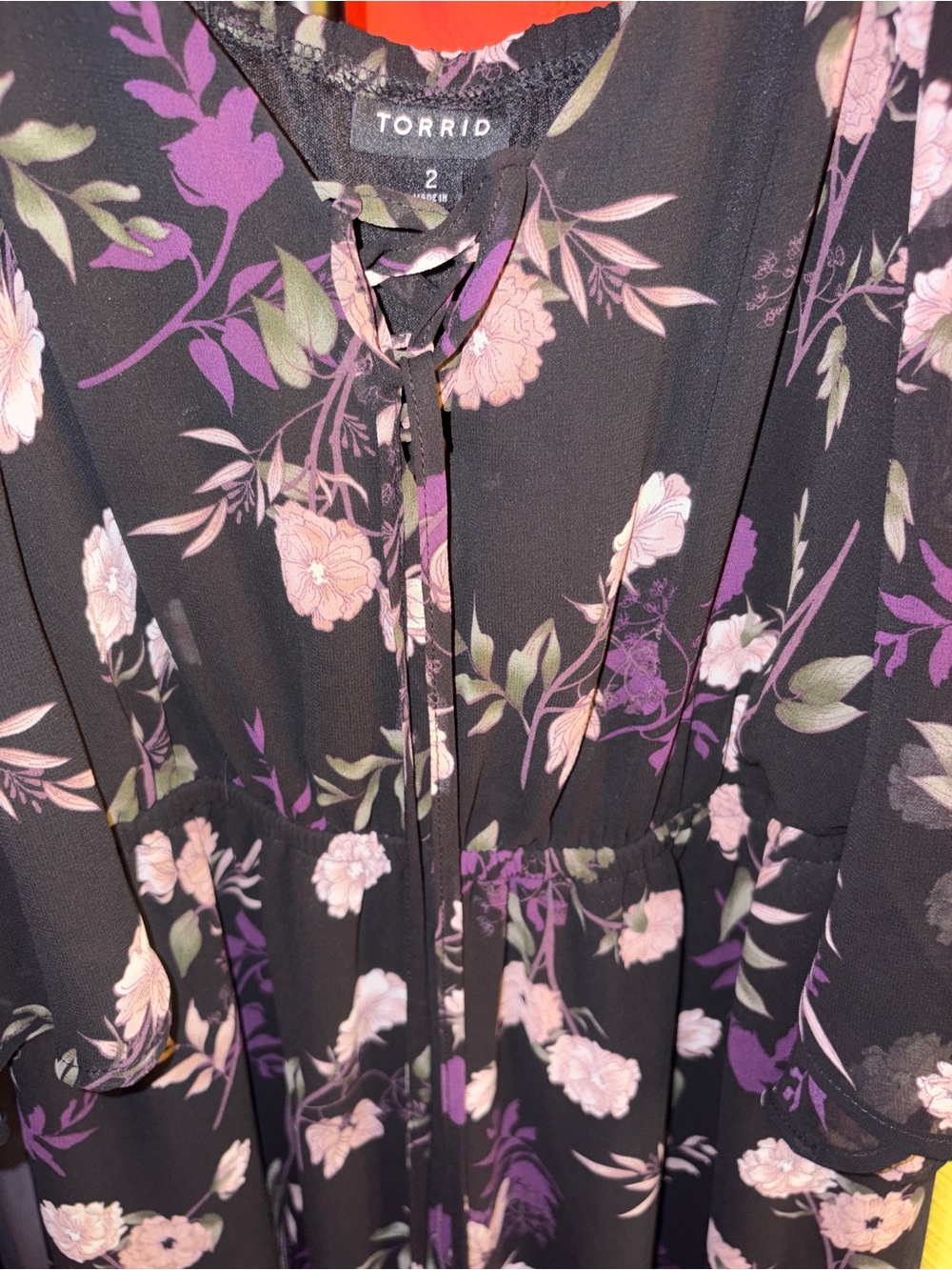 Torrid Black Floral Blooms with Top Tie Tunic & off-the shoulder sleeves